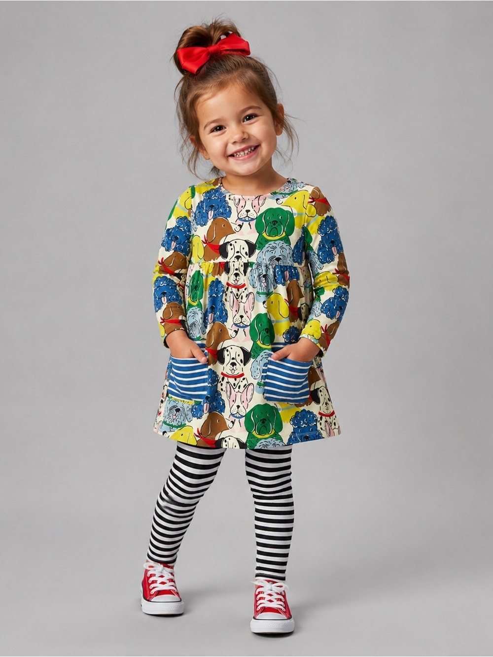 Mini Boden Girls Tunic Top Long Sleeve Striped Pockets Dog Print Size 9-10Y